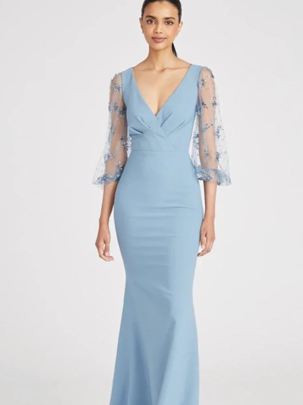 Theia Blue Gown with V Neck and 3/4 Sheer Beaded Bishop Sleeves - Size 12 - NWT